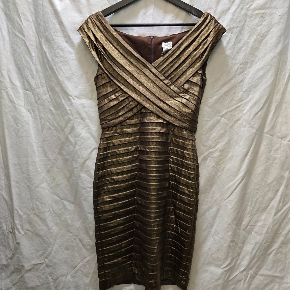 Cache Y2K Bandage Metallic Cocktail Dress Bronze Ruched V-Neck Cap Sleeve Size 6